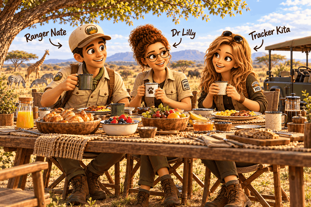 Ranger Nate, Dr Lilly and Tracker Kita sitting together at a table enjoying a bush brunch in the savannah with giraffe, zebra and antelope in the background. The table has lots of delicious looking breakfast food on it and the game vehicle can be seen on the right hand side.
